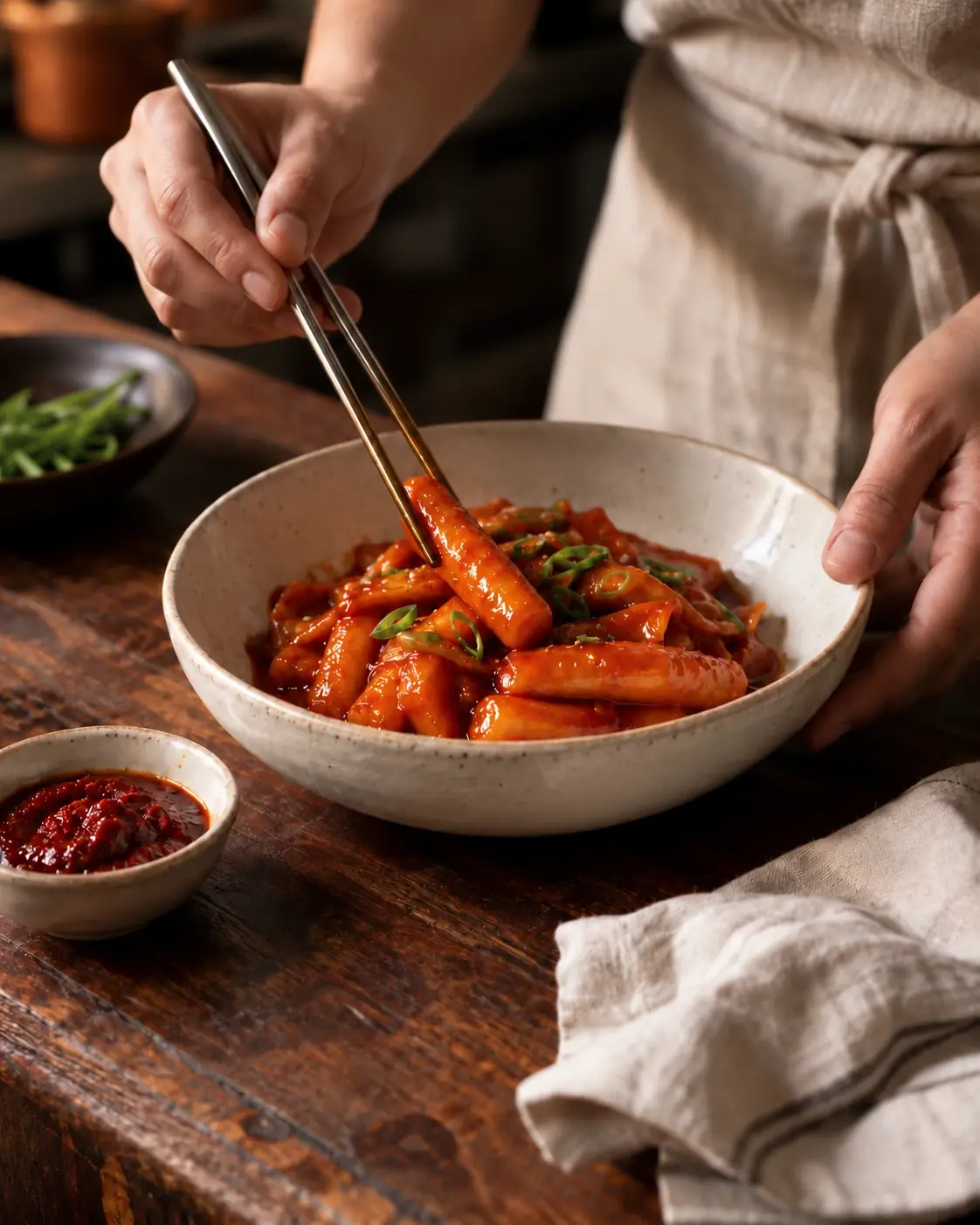 Korean rice cakes being prepared for serving